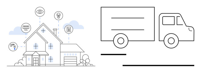 Modern home connected with smart icons representing security and energy efficiency, next to a delivery truck. Ideal for technology, innovation, smart living, logistics, home automation, energy