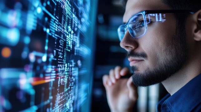 Quantum computing developer creating algorithms for quantum machine learning, lab with quantum processors and data models, Quantum Tech style