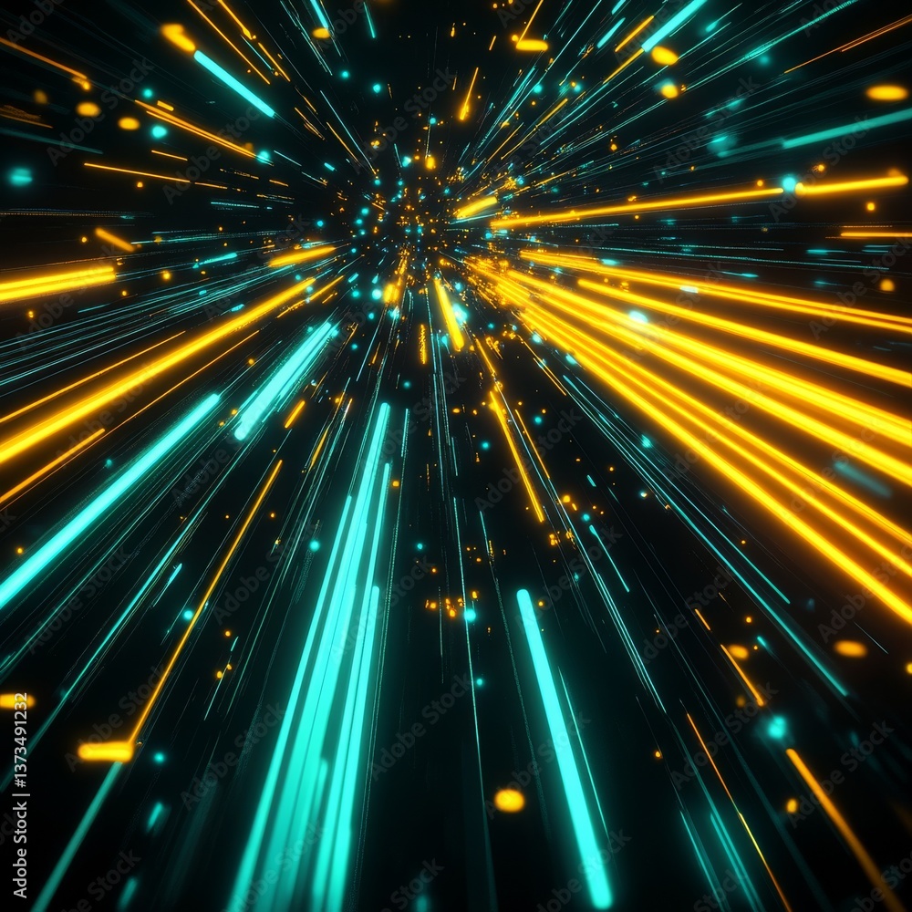 Poster Neon Acceleration: Abstract Light Streaks in Turquoise and Gold Converging into the Center, Creating a Sense of Speed.