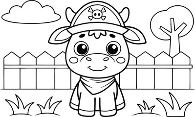 Charming Cow Pirate Outline with Skull Hat, Fence and Tree on Transparent Background
