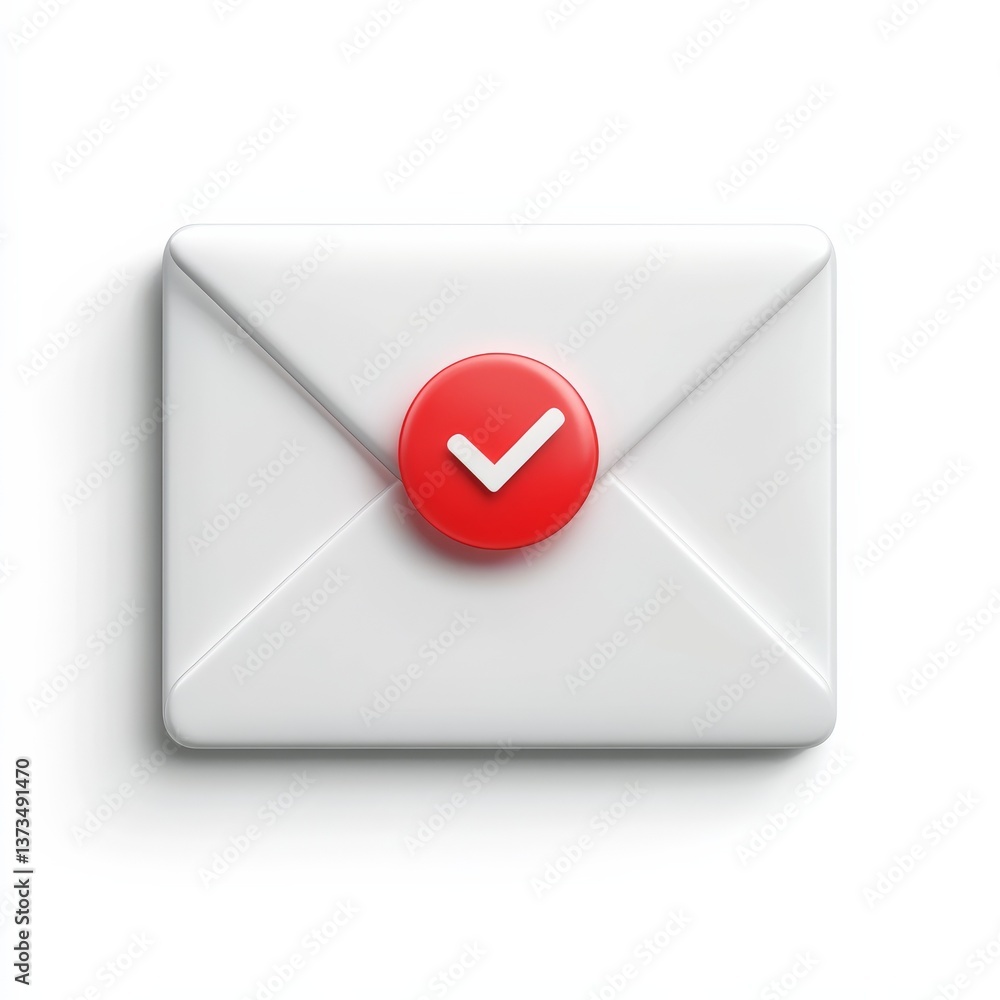 Poster Received Email Notification: White Envelope Icon with Red Check Mark Badge for Completed Task or Confirmation.