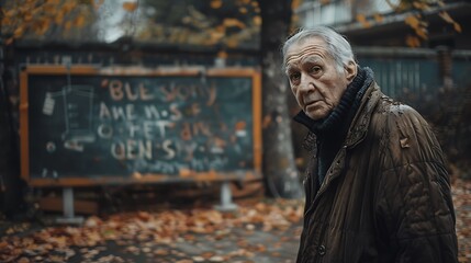 Naklejka premium Lonely Grandpa Reflecting in Front of an Abandoned School