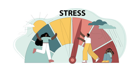 Obraz premium Stress concept. Emotional overload. Stress levels are reduced through the concept of problem solving and the pressure of tiny people.eps