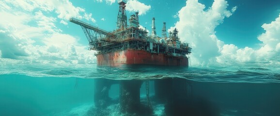 Fototapeta premium Offshore oil rig in vast ocean against a backdrop of clear blue skies and fluffy clouds.