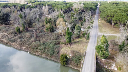 Aerial view of San Rossore Natural Park in Pisa, Italy, with lush greenery and coastline