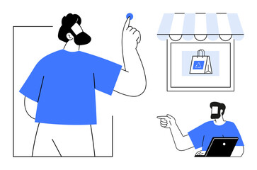 Man using laptop pointing, another pointing at store icon representing online shopping, large character pressing blue button. Ideal for e-commerce, digital marketing, online interaction, technology