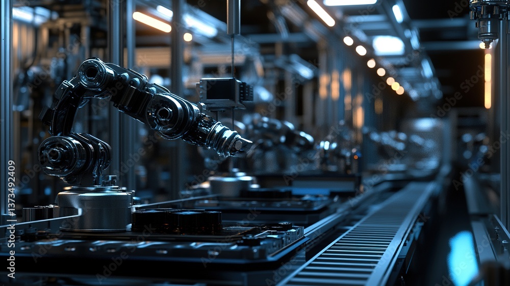 Poster industrial assembly line with automated robotic systems.