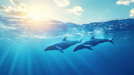 Naklejka premium Whale A pod of whales swimming together in the vast open ocean.