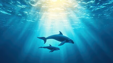 Obraz premium Whale A mother whale and her calf swimming side by side in the ocean.