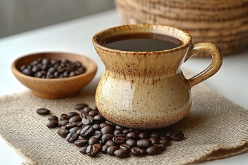 Hand-dried coffee set, ceramic filter cup and wooden handle hand brewing pot, fresh coffee beans sprinkled on kraft paper, morning drink making concept.