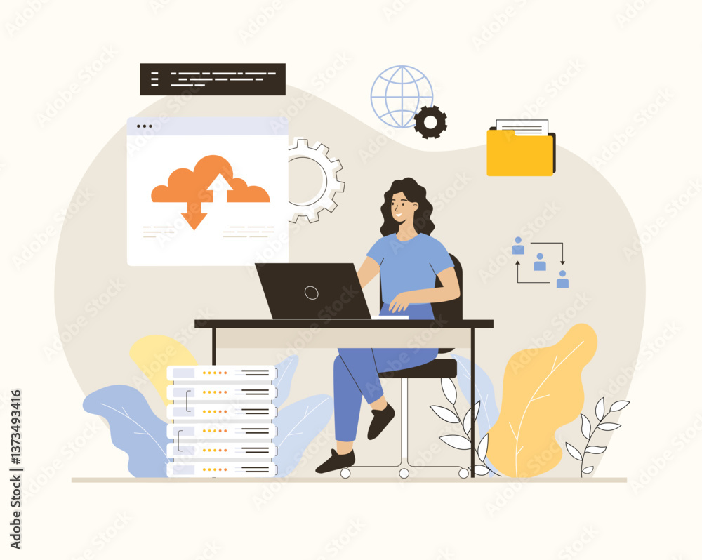 Poster saas concept, software as a service. cloud computing and storage, online subscription to programs. f