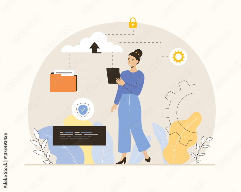 Poster saas concept, software as a service. cloud computing and storage, online subscription to programs. f
