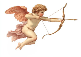  Vintage drawing Child Cupid flying with bow and arrow. Ancient symbol of love with cherub angel for Valentine's day greeting card, wedding invitations and vintage style project prints