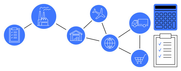 Flowchart with factory, plane, warehouse, truck, globe, shopping cart, and checklists highlighting supply chain stages. Ideal for logistics, manufacturing delivery planning management e-commerce