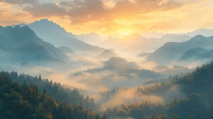 Fototapeta premium Misty Mountain Valley at Sunrise Bathed in Golden Light