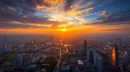 Fototapeta premium Sunset over urban landscape city skyline aerial view serene atmosphere nature's beauty peaceful ending of the day