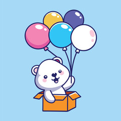 Cute Polar Bear Holding Balloons in A Box