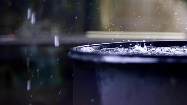 Rain drops falling in black barrel splashing everywhere, collecting water, slow mo ripples