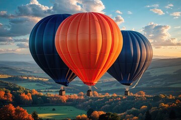 Obraz premium Colorful Tangerine and Deep Blue Balloons Floating Above a Beautiful Landscape