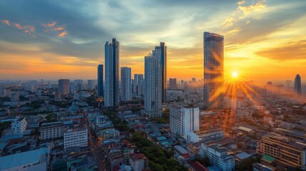 Fototapeta premium Stunning sunset over urban skyline bangkok cityscape photography vibrant atmosphere aerial view urban development