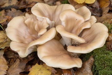 Fototapeta premium Delicate beige mushrooms growing among autumn leaves and moss