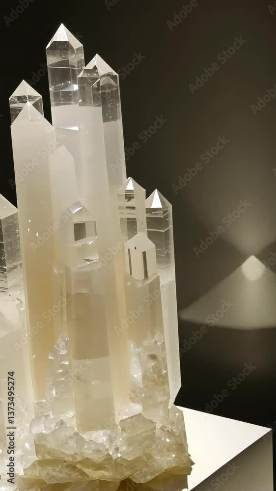 Poster crystalline formation with sharp peaks illuminated softly on display in a modern exhibition space