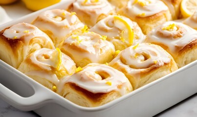 A baking dish filled with golden brown lemon sweet rolls, Generative AI