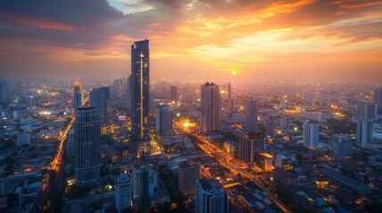 Naklejka premium Sunset cityscape urban skyline aerial view vibrant atmosphere modern architecture for seo impact