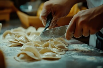 Hands Cutting Fresh Pasta Dough on Wooden Table Surface