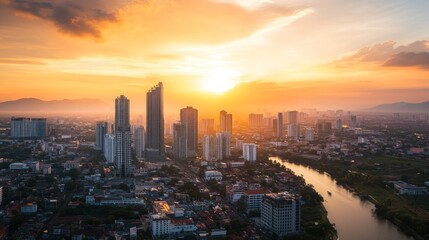 Fototapeta premium Sunset over urban skyline cityscape landscape photography vibrant environment aerial view urban beauty
