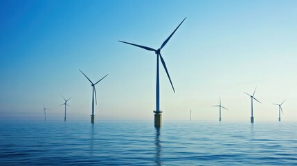 Renewable energy engineer designing floating wind turbines for offshore energy generation, ocean with wind turbines and sea breeze, Offshore Wind Energy style