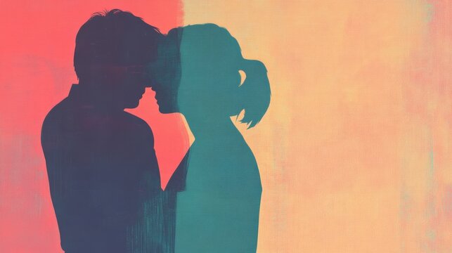 Silhouetted couple stands together heads nearly touching against colorful backdrop