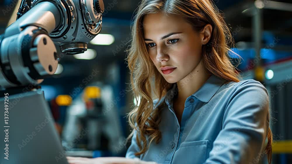 Poster in a modern lab, a focused woman works on programming a robotic arm while her colleagues watch inten