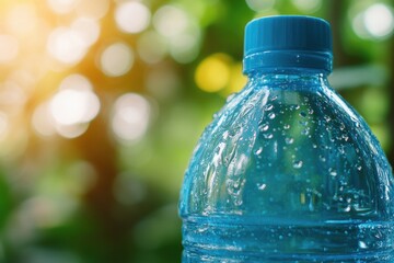 Fresh Water Bottle with Dewy Surface Against Natural Background