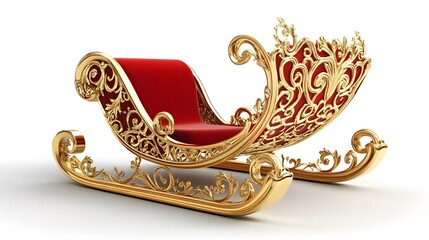 Luxurious Red and Gold Sleigh with Intricate Design on White Background for Festive Holiday Decor and Christmas Celebration