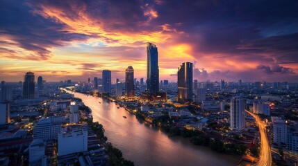 Stunning sunset over bangkok's riverside urban landscape twilight view vibrant city life scenic photography