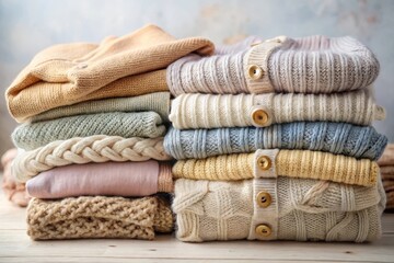 A neatly stacked pile of cozy knit sweaters in various soft neutral colors, showcasing a variety of textures and patterns, ready for the autumn or winter season.