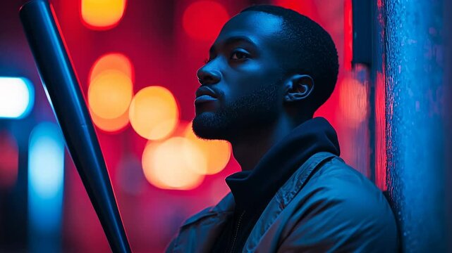 A man stands thoughtfully in an urban environment, holding a baseball bat. Neon lights create a colorful backdrop, casting an intriguing glow on his face as he reflects.