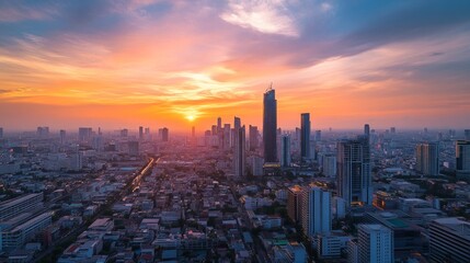 Obraz premium Sunset over urban skyline bangkok city aerial view cityscape vibrant colors modern architecture