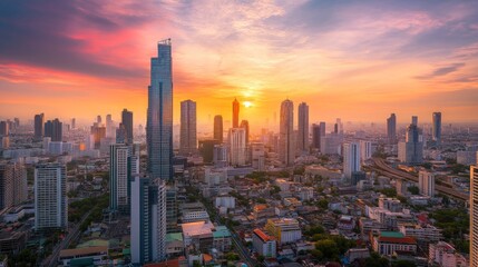 Obraz premium Sunset skyscrapers overlooking urban landscape bangkok cityscape photography evening sky aerial view urban beauty