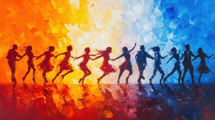 Energetic dancers swirl in a vibrant oil painting, a burst of blues, oranges, yellows, and reds conveying joyful movement
