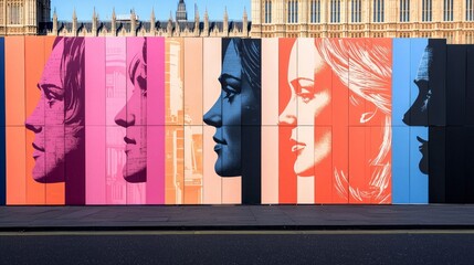 London Street Art  Colorful Portraits  Houses of Parliament backdrop