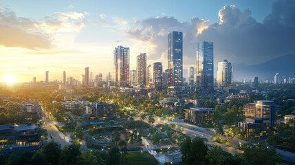 Obraz premium Urban skyline at sunset cityscape digital art modern architecture aerial view growth and development