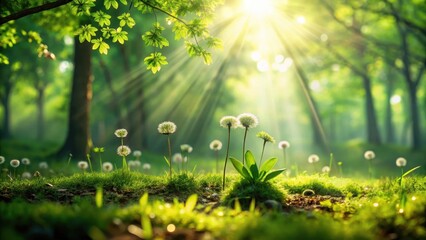 Fototapeta premium Sunlit Meadow with Delicate Dandelions and Lush Greenery in a Tranquil Forest Setting