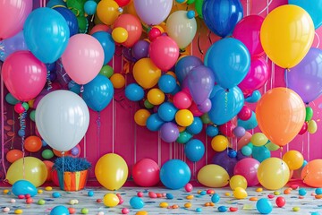 Vibrant Celebration Backdrop with Fun Balloons and Bright Decorations