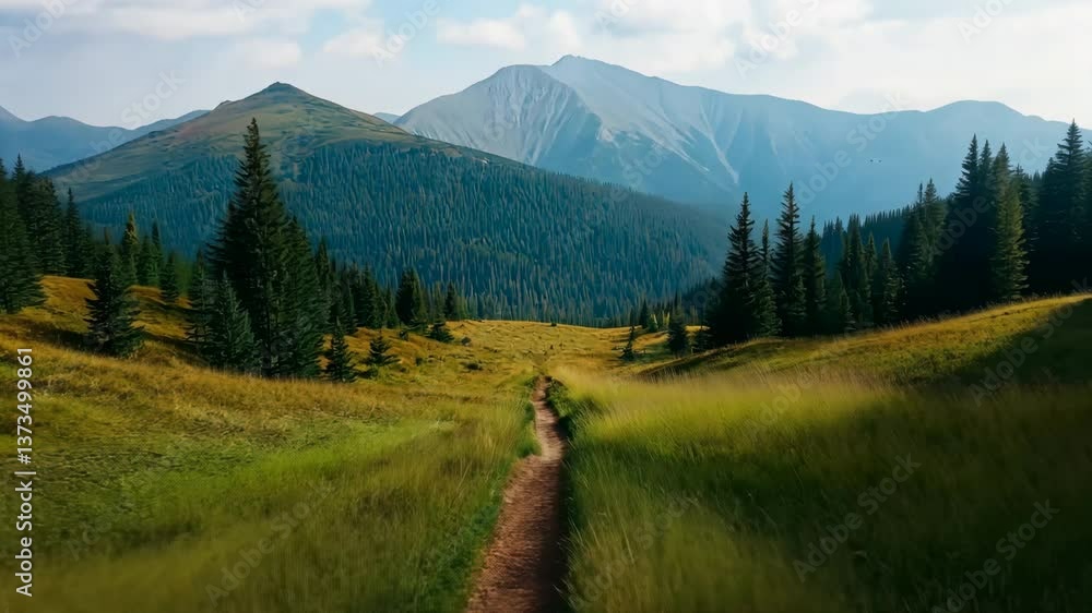Poster a path winds through a grassy field with trees in the background. the scene is peaceful and serene, 