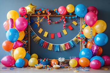 Vibrant Festival Frame Embellished with Balloons and Streamers for Joyous Occasions and Engaging Events