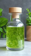 Clear bottle filled with green liquid and herbs, with greenery nearby