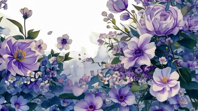 Watercolor-style floral corner frame featuring soft violet and lilac flowers with gentle green leaves, creating a delicate and elegant look for refined designs.
