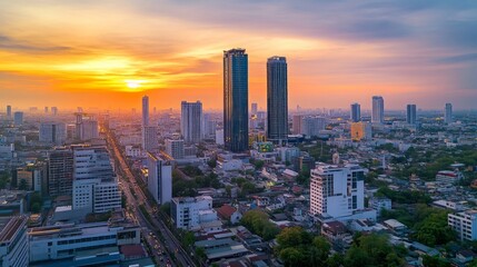 Fototapeta premium Urban skyline sunset view bangkok aerial photography cityscape vibrant colors contemporary concept